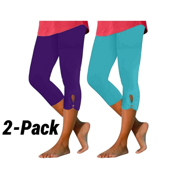 HAOTAGS 2 Pack Capri Leggings for Women, Slim Fit Cropped Yoga Pants Casual High Waisted Summer Beach Pants Purple Size XL