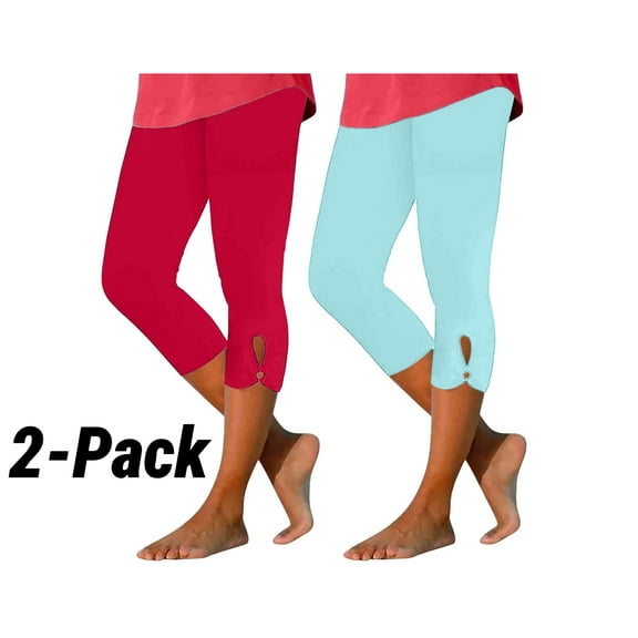 HAOTAGS 2 Pack Capri Leggings for Women, Slim Fit Cropped Yoga Pants Casual High Waisted Summer Beach Pants Watermelon Red Size M