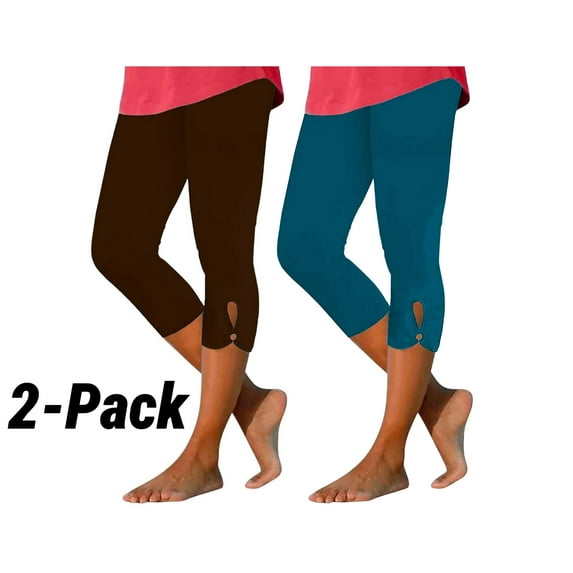 HAOTAGS 2 Pack Capri Pants for Women, High Waist Workout Yoga Pants Crop Straight Pant Brown Size L