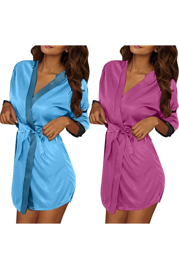 2PC Womens Robes Lightweight Short Bathrobe ,Pockets V Neck Short Sleeve Silk Wrap Robe Sleepwear Purple Free Size