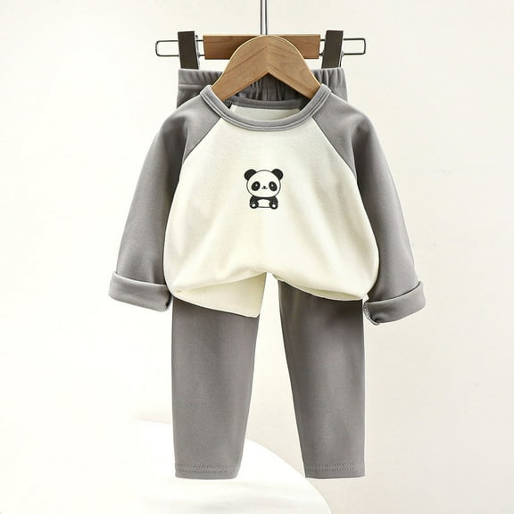 HAOTAGS 2Pcs Boys Girls, Winter Thermal Sleepwear Long Sleeve Graphic Print Crew Neck Gray 18 Months