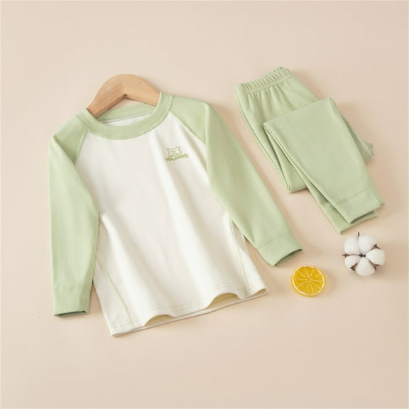 HAOTAGS 2Pcs Toddler Boys Girls, Long Sleeve Solid Round Neck Pants Thickened Underwear Set Green 4 T