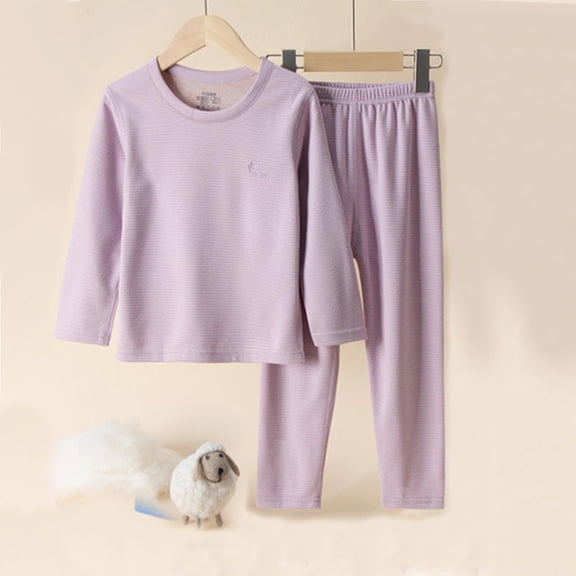 HAOTAGS 2Pcs Toddler Boys Girls, Pants Thickened Underwear Set Round Neck Long Sleeve Solid Purple 3 T