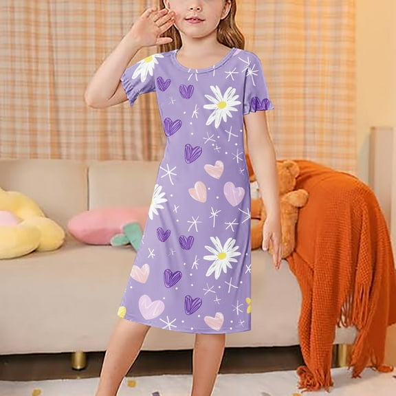 HAOTAGS （3 - 12 Years）Girls' Printed Nightgowns,Short Sleeved Round Neck Loungewear Kids Pullover Sleep Dresses Purple 5-6T