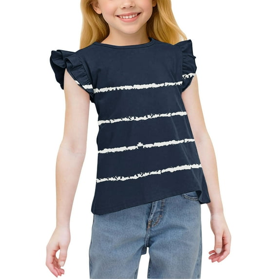 HAOTAGS 3-14 Years Girls' Summer T-Shirts, with Ruffles Stripes Short Sleeve Causal Tops T-Shirts Navy 6 Years