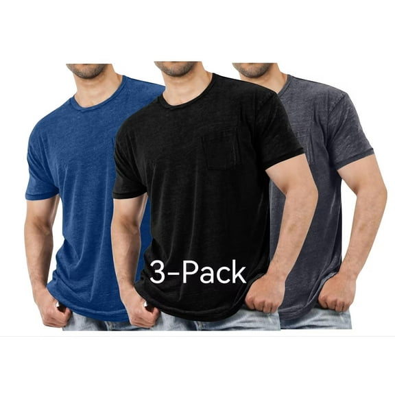 HAOTAGS 3 Pack Mens T Shirt Short Sleeve Crew Neck Soft Tees with Pockets Classic Plain Tshirts Black Size L