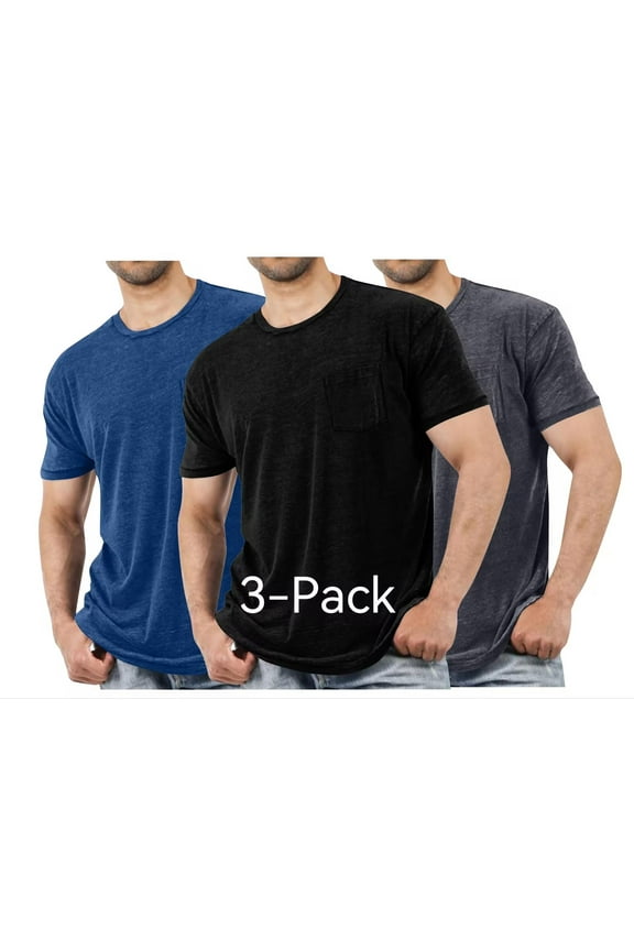 3 Pack Mens T Shirt Short Sleeve Crew Neck Soft Tees with Pockets Classic Plain Tshirts Black Size XL