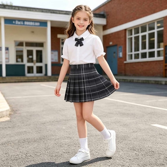 HAOTAGS 3PC Girls Outfit Sets, Short Sleeved Shirt Checkered Skirt Breathable with Necktie School Uniform Set Black Size 5
