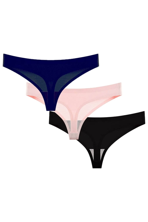 3PC Panties for Women,Solid Moisture-Wicking Breathable Thong V-Strings Black XL