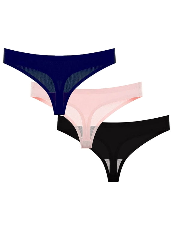 3PC Panties for Women,Solid Moisture-Wicking Breathable Thong V-Strings Black XL