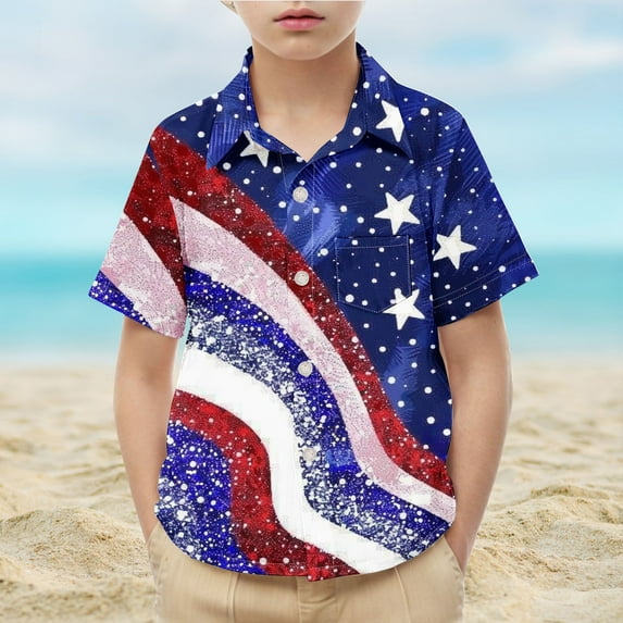 HAOTAGS 4th of July Shirts for Big Boys American Flag Patriotic Short Sleeve Button Down Shirt Multicolor Size 14 Years