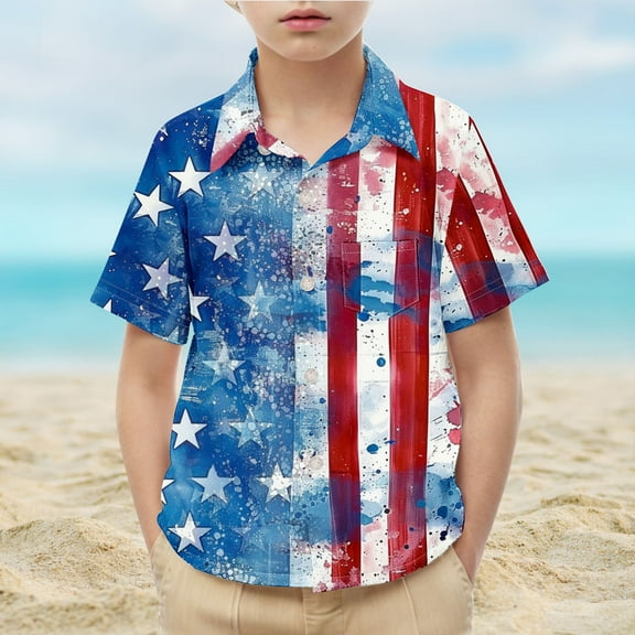 HAOTAGS 4th of July Shirts for Big Boys American Flag Patriotic Short Sleeve Button Down Shirt Multicolor Size 5 Years