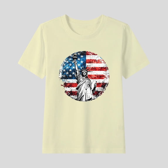 HAOTAGS 4th of July T-Shirts for Boys Girls American Flag Patriotic Tops Short Sleeve Crew Neck Summer Tees Beige Size 2 Years