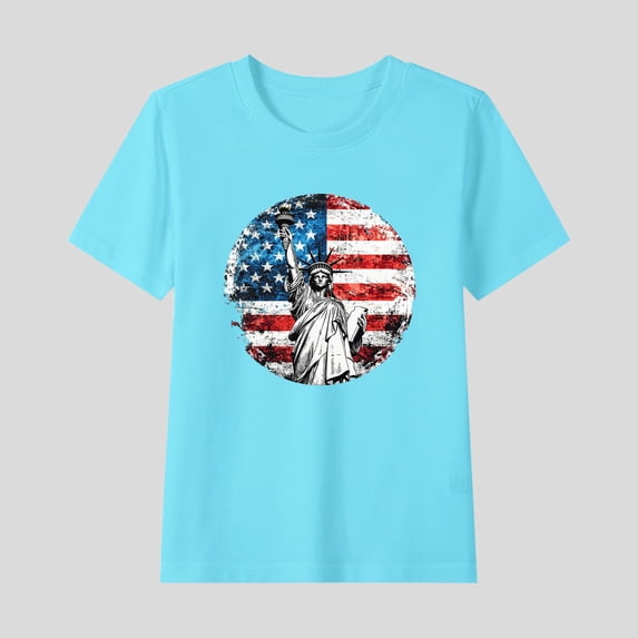 HAOTAGS 4th of July T-Shirts for Boys Girls American Flag Patriotic Tops Short Sleeve Crew Neck Summer Tees Light Blue Size 3 Years