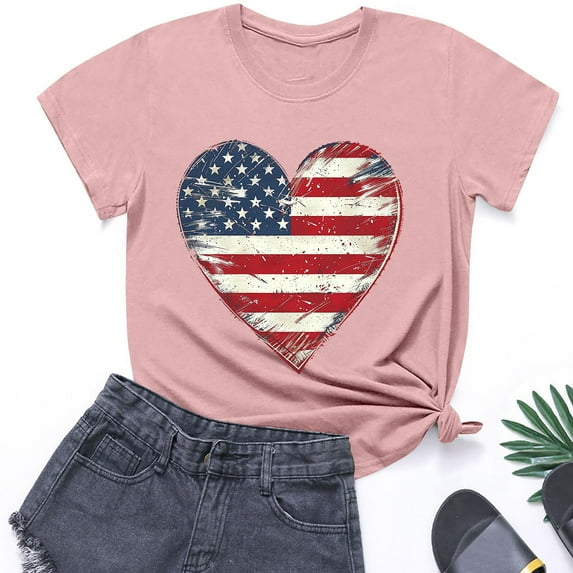 HAOTAGS 4th of July T-Shirts for Kids Graphic Print Boys and Girls Short Sleeve Tops Pink Size 7 Years
