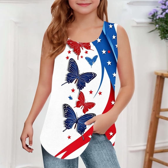 HAOTAGS 4th of July Tank Tops Toddler Girls American Flag Sleeveless T-Shirts Kids Summer Tops Multicolor Size 13-14 Years
