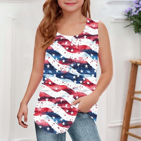 HAOTAGS 4th of July Tank Tops Toddler Girls American Flag Sleeveless T-Shirts Kids Summer Tops Multicolor Size 5-6 Years