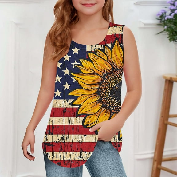 HAOTAGS 4th of July Tank Tops Toddler Girls American Flag Sleeveless T-Shirts Kids Summer Tops Multicolor Size 7-8 Years