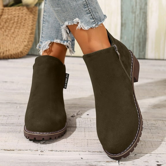 HAOTAGS Ankle Boots for Women, Casual 2025 Fall Short Boots with Zipper Dressy Shoes Army Green 6.5