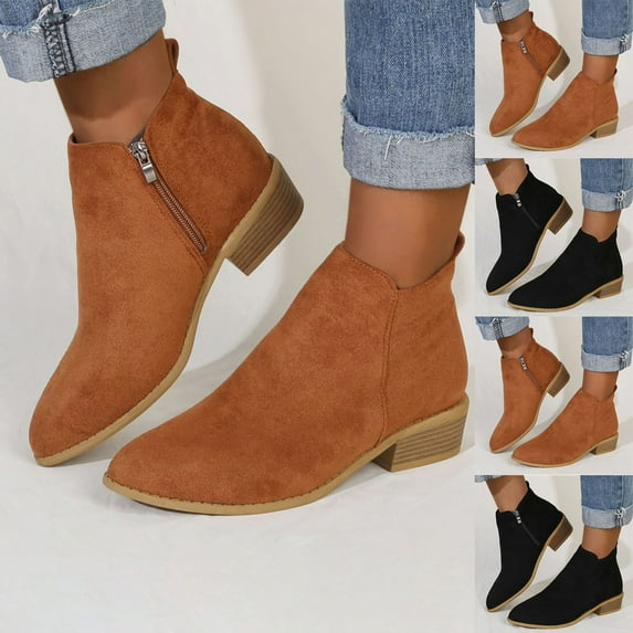 HAOTAGS Ankle Boots for Women, Low Heel Casual Side Zipper Booties Brown 7