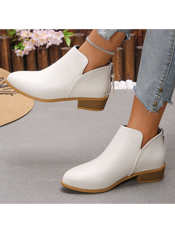 Ankle Boots for Women, Trendy Short Leather Boots Pointed Toe Back Zip Spring Fall Booties White 8.5
