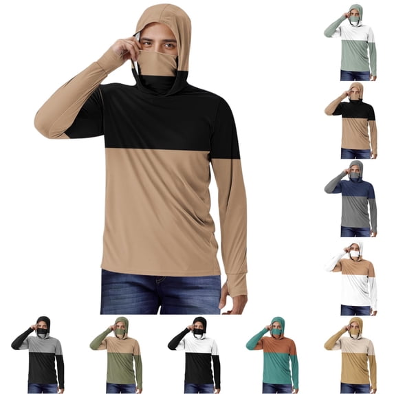 HAOTAGS Athletic Jackets UPF 50+ for Men,Long Sleeve Lightweight Striped Hooded Sun Protection Shirts with Face Cover Khaki 5XL