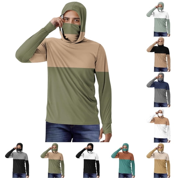 HAOTAGS Athletic Jackets UPF 50+ for Men,Striped Lightweight Long Sleeve Hooded Sun Protection Shirts with Face Cover Army Green 2XL