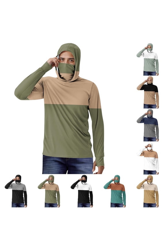 Athletic Jackets UPF 50+ for Men,Striped Lightweight Long Sleeve Hooded Sun Protection Shirts with Face Cover Army Green 2XL
