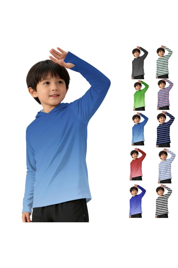 Athletic Shirts Boys,UV Protection Sun Protection Gradient Print Hooded Long Sleeve Shirts Light Blue 7-8T