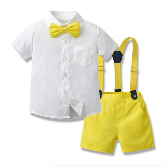 HAOTAGS Baby Boys Gentleman Outfit Suits Infant Boys Short Pants Set Toddler Short Sleeve Shirt with Suspender Pants Yellow Size 3 Years