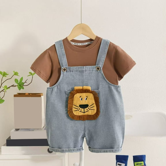 HAOTAGS Baby Boys Girls Cute Animal Printed Overalls(0-5Years), with Short Sleeve Tshirts Casual Summer Outfits Brown 0-6 Months