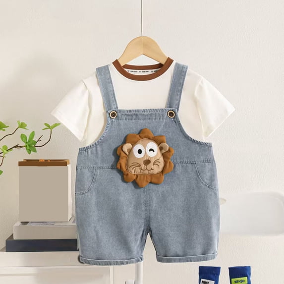 HAOTAGS Baby Boys Girls Cute Animal Printed Overalls(0-5Years), with Short Sleeve Tshirts Casual Summer Outfits Khaki 4-5 Years