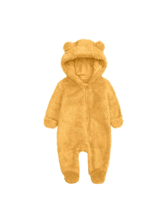 Baby Boys Girls Fleece Jumpsuits,Winter Long Sleeve Warm Hooded Infant Romper Yellow 3 Months