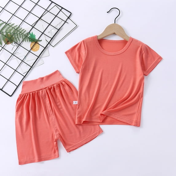HAOTAGS Baby Boys Girls Round Neck Short Sleeved T-shirt Solid Color High Waisted Shorts Set Orange Size 5-6 Years