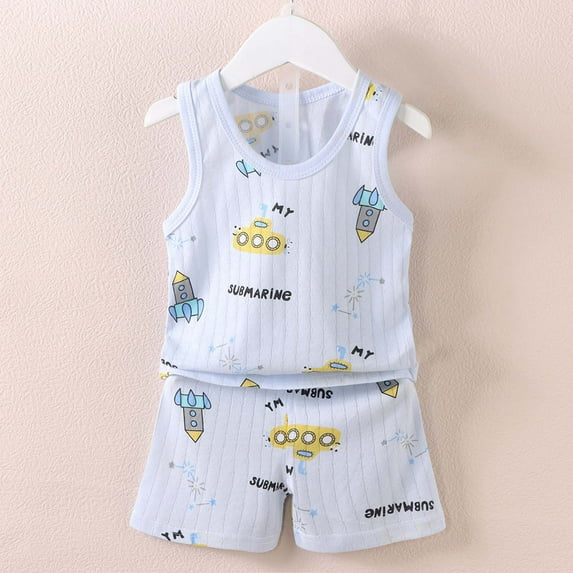 HAOTAGS Baby Boys Girls Tank Top Set Cute Print Summer Sleeveless Cotton Tshirts with Shorts Set Blue Size 3-9M