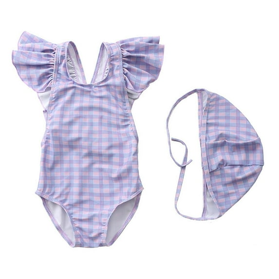 HAOTAGS Baby Girl Flutter-Sleeve Swimsuit,Printed Swim Dress + Cap Quick-dry Infant Summer One-Piece Ruffle Poolwear Multicolor 2XL