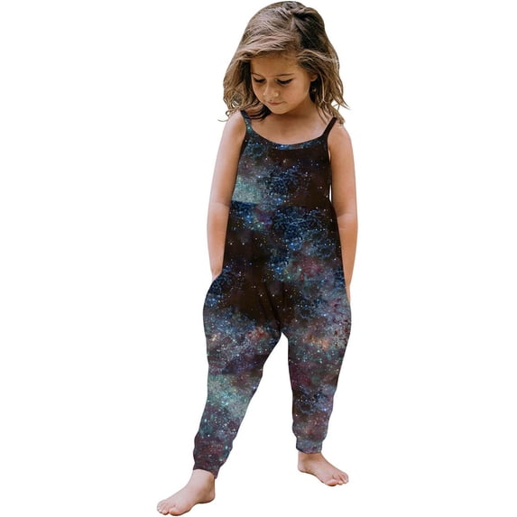 HAOTAGS Baby Girl Jumpsuit One Piece Sleeveless Strap Romper Graphic Print Pant with Pockets Summer Outfit Clothes Black Size 5-6 Years