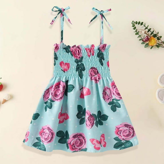 HAOTAGS Baby Girls 2025 Summer Sleeveless Dress Floral Print Dress for Toddler Kids Blue Size 5-6 Years