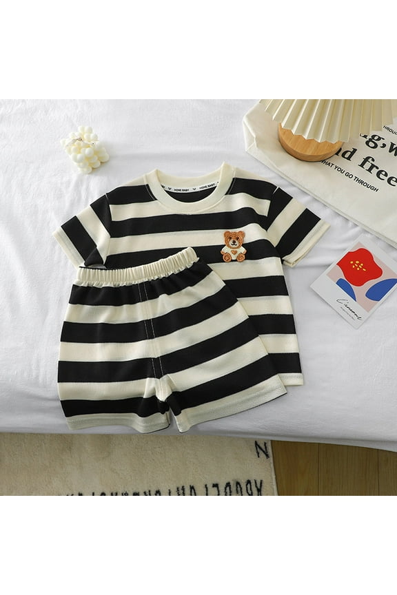 Baby Girls' Casual Short Sleeve Tops, Striped Round Neck Tee with Shorts Sets Black