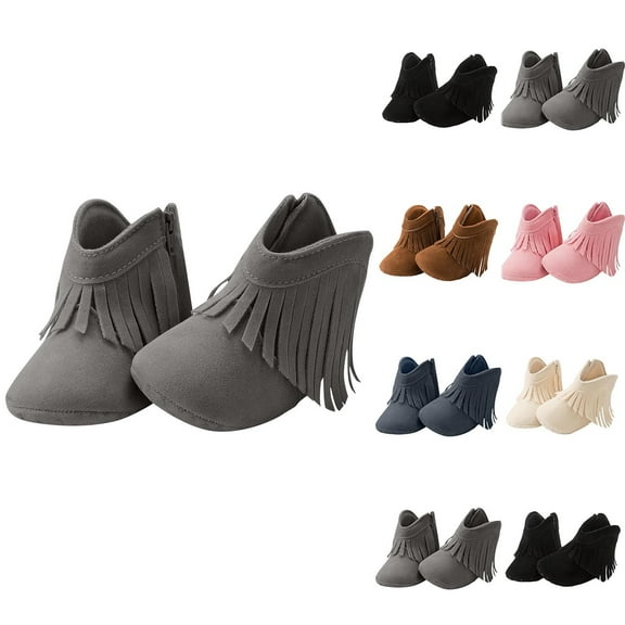 HAOTAGS Baby Girls Cowboy Tassel Boots, Comfortable Zip-Up Fall Winter Suede Toddler First Walker Shoes Gray 6-12 Months