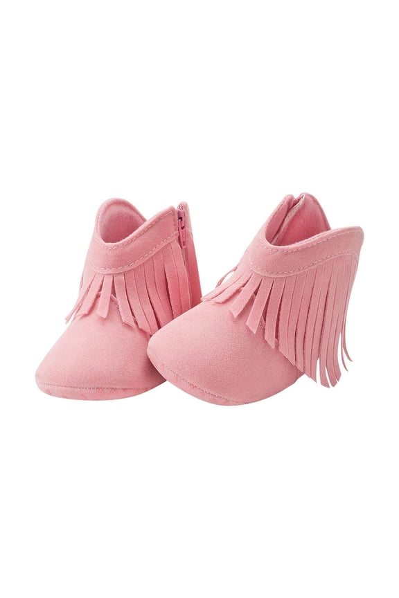 Baby Girls Cowboy Tassel Boots, Fall Winter Zip-Up Comfortable Suede Toddler First Walker Shoes Pink 12-18 Months