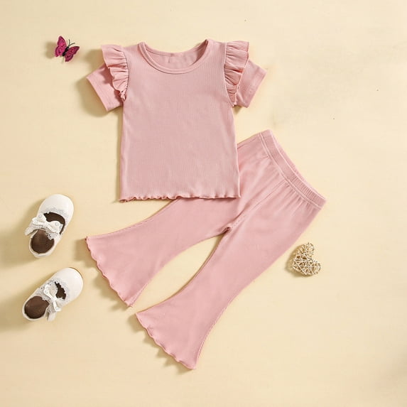 HAOTAGS Baby Girls Fly Sleeve Top with Bell-bottomed Pants, Solid Color 2 Piece Outfit Set for Kids Pink 4 T