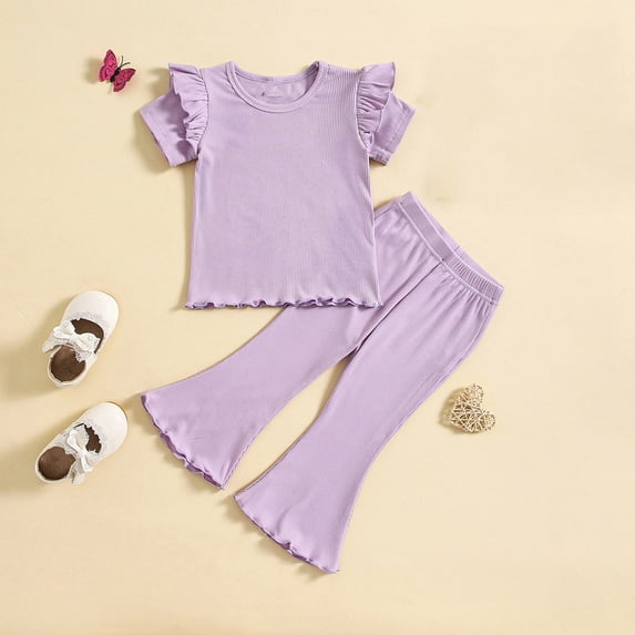 HAOTAGS Baby Girls Fly Sleeve Top with Bell-bottomed Pants, Solid Color 2 Piece Outfit Set for Kids Purple 18 Months