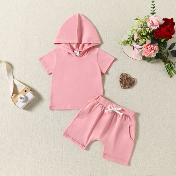 HAOTAGS Baby Girls Hooded Top with Shorts Set, Solid Color 2 Piece Outfit Set Pink Size 12 Months