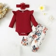 thumbnail image 1 of HAOTAGS Baby Girls Long Sleeve Bodysuit, Floral Print Pants and Headband 3 Piece Outfit Set,0-12 Month Red, 1 of 9