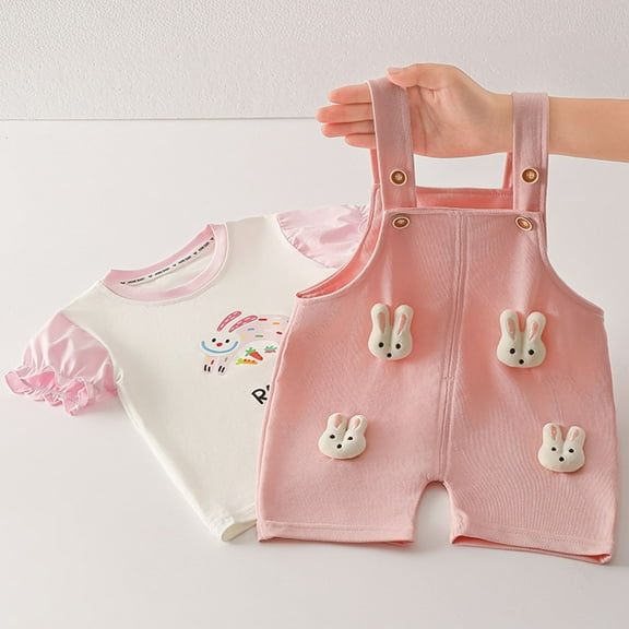 HAOTAGS Baby Girls Short Sleeve Tshirts with Overalls 2 Piece Sets, Casual Summer Outfits for Kids Hot Pink 1 Years
