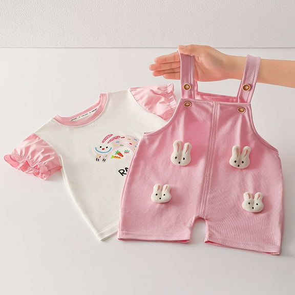HAOTAGS Baby Girls Short Sleeve Tshirts with Overalls 2 Piece Sets, Casual Summer Outfits for Kids Pink 2 Years