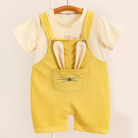 HAOTAGS Baby Girls Short Sleeve Tshirts with Overalls 2 Piece Sets, Casual Summer Outfits for Kids Yellow 2-3 Years