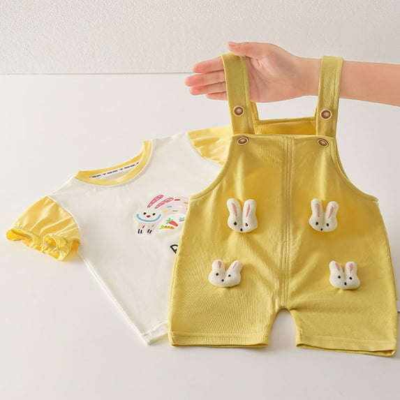 HAOTAGS Baby Girls Short Sleeve Tshirts with Overalls 2 Piece Sets, Casual Summer Outfits for Kids Yellow 6 Years
