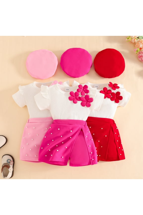 Baby Girls Summer 3-Piece Sets, Ribbed Short-Sleeve Top + Beaded Shorts Skirt + Beret Hot Pink Size 3Y